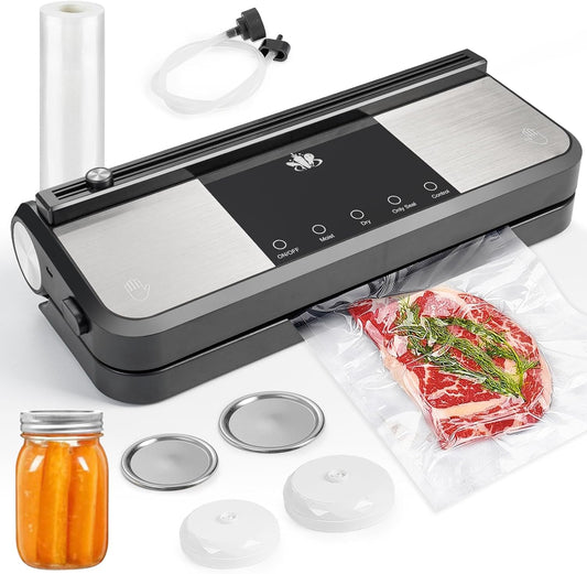 Cordless Vacuum Sealer Machine, Rechargeable Vacuum Sealer for Dry/Moist Food, Build in Cutter and Bag Storage, With External Suction Hose, 1 Pack Vacuum Sealer Roll, Mason Jar Starter Kit