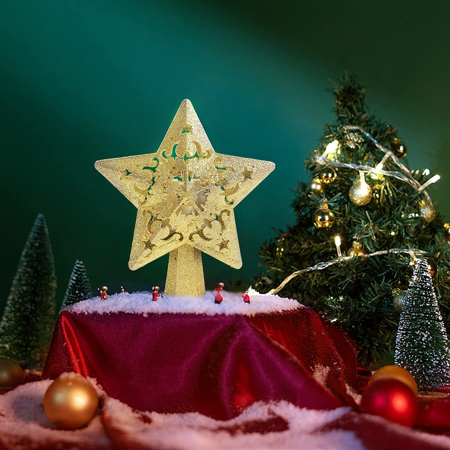 Christmas Tree Topper Projector, LED Star Tree Topper Light, Glitter Gold Star Topper Projector