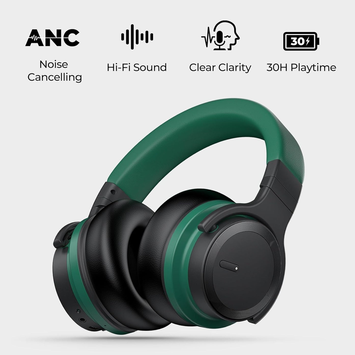 E7 Active Noise Cancelling Headphones Wireless Bluetooth Headphones with Rich Bass, Wireless Headphones with Mic, Clear Calls, Bluetooth 5.0, 30 Hours Playtime, Comfort Fit, Green