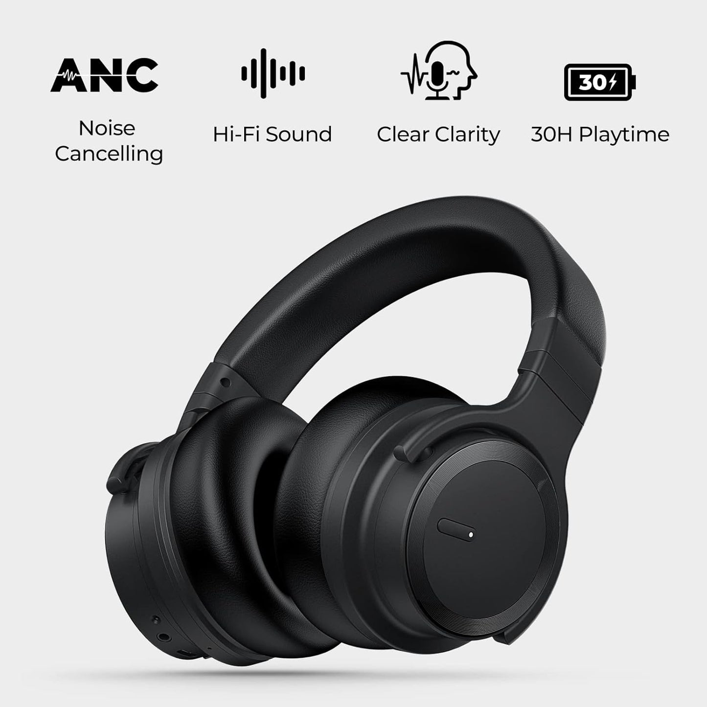 E7 Active Noise Cancelling Headphones Wireless Bluetooth Headphones with Rich Bass, Wireless Headphones with Clear Calls, Bluetooth 5.0, 30 Hours Playtime, Comfort Fit, Black