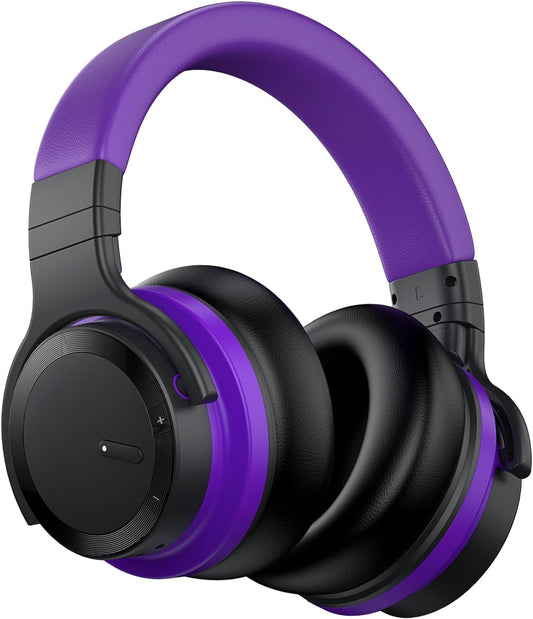 E7 Active Noise Cancelling Headphones Wireless Bluetooth Headphones with Rich Bass, Wireless Headphones with Mic, Clear Calls, Bluetooth 5.0, 30 Hours Playtime, Comfort Fit, Purple