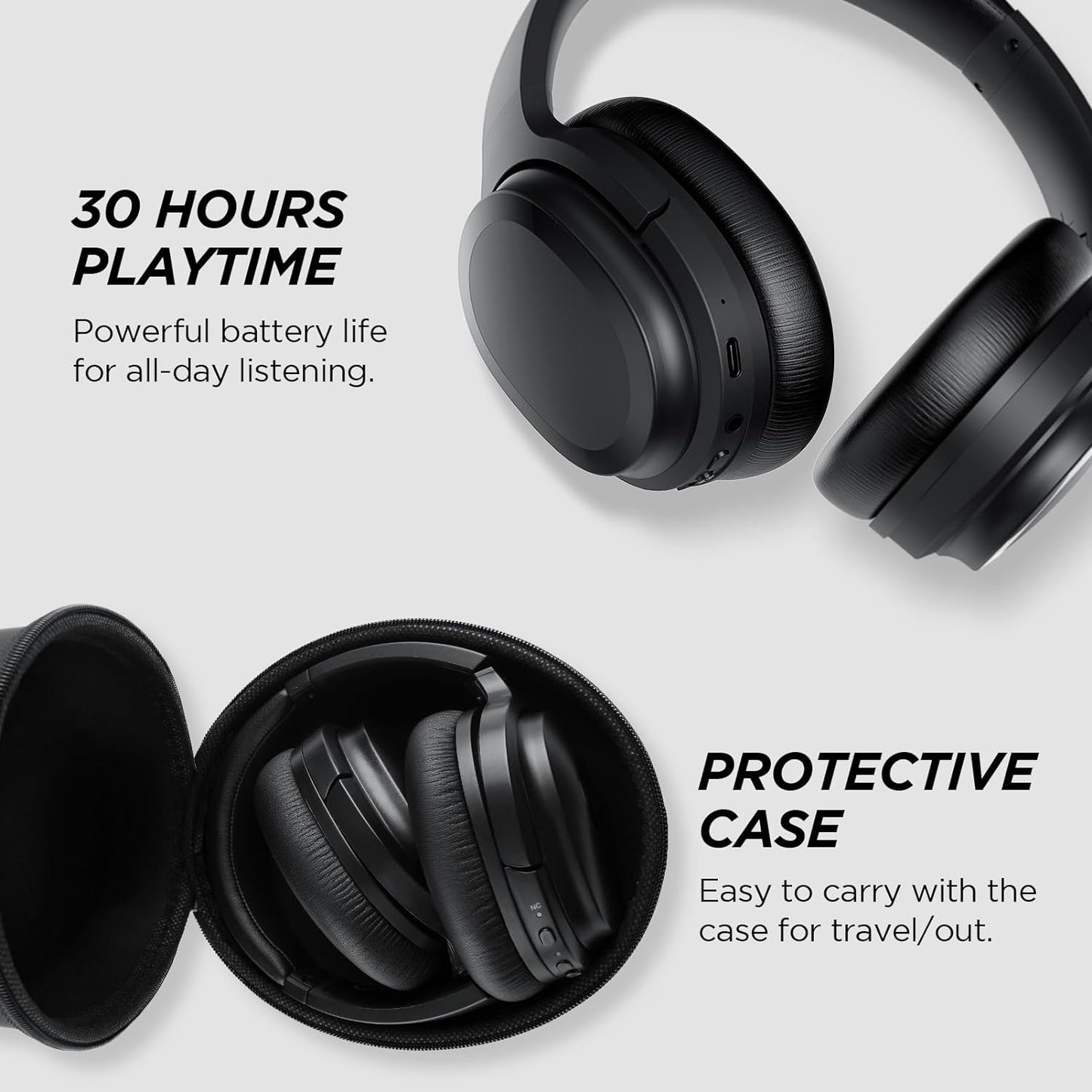 Hybrid Active Noise Cancelling Headphones Wireless Over Ear Bluetooth Headphones Wireless Headphones Noise Canceling with Deep Bass, Clear Calls, Comfortable Fit, 30H, Bluetooth 5.2, Black