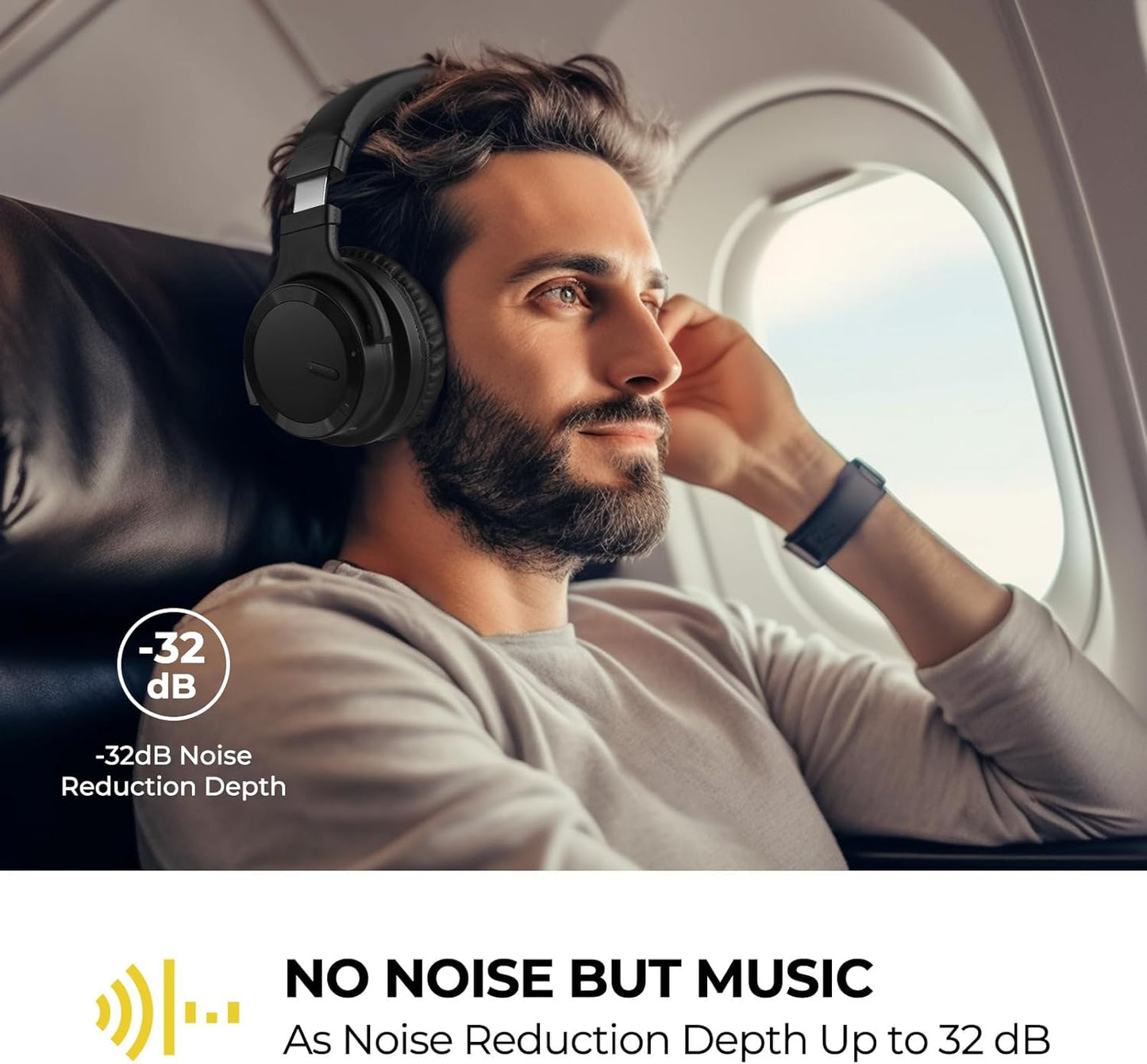 E7 Active Noise Cancelling Headphones Wireless Bluetooth Headphones with Rich Bass, Wireless Headphones with Clear Calls, Bluetooth 5.0, 30 Hours Playtime, Comfort Fit, Black
