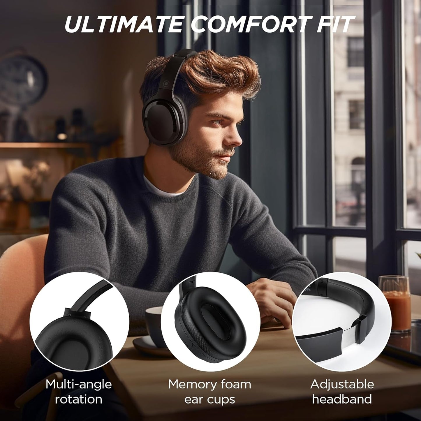 Hybrid Active Noise Cancelling Headphones Wireless Over Ear Bluetooth Headphones Wireless Headphones Noise Canceling with Deep Bass, Clear Calls, Comfortable Fit, 30H, Bluetooth 5.2, Black