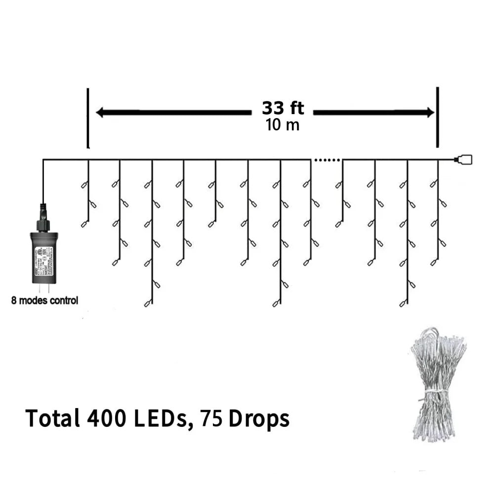 33ft 400 LED Outdoor String Lights White Fairy Lights Led Icicle Christmas Lights