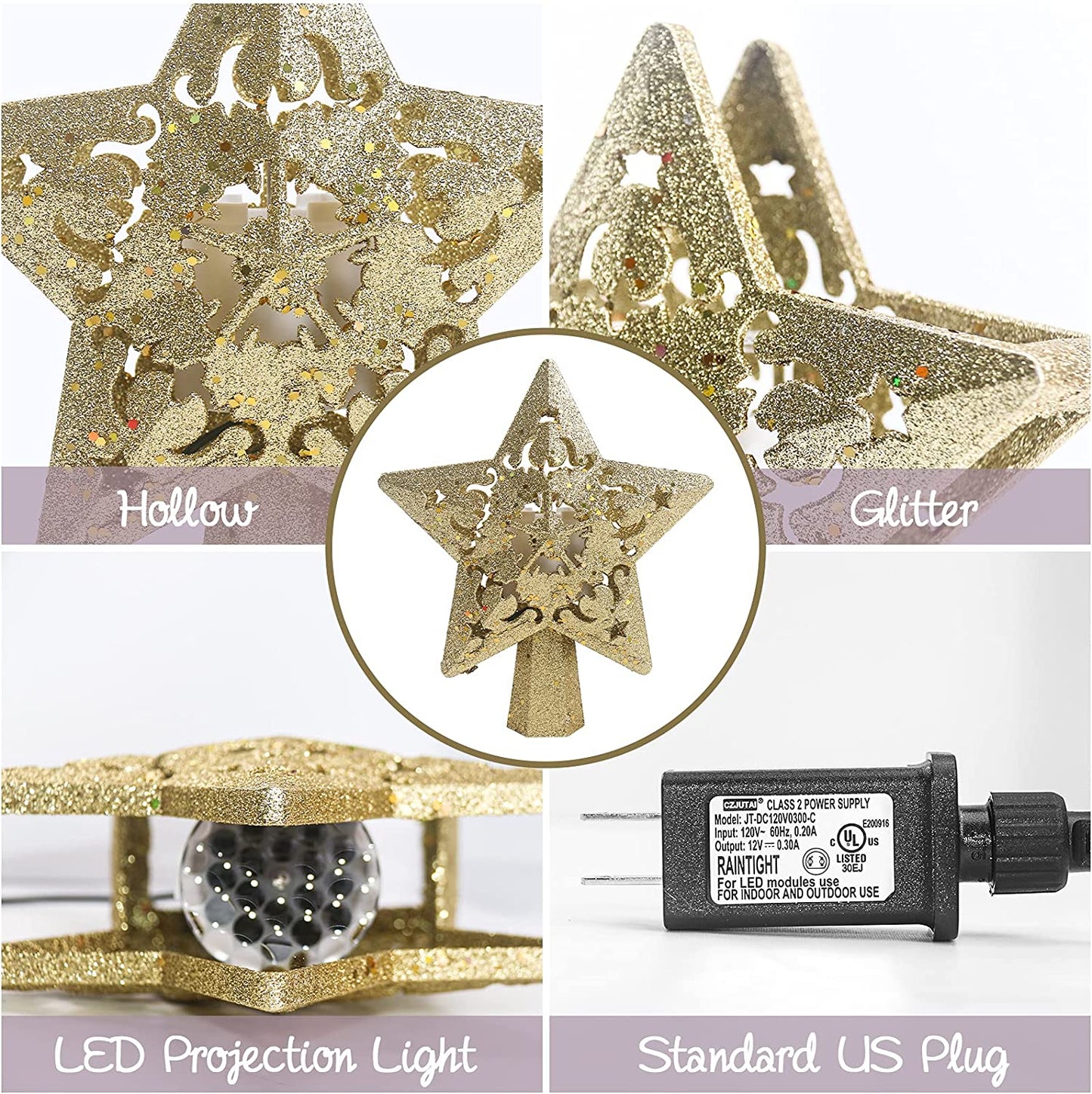 Christmas Tree Topper Projector, LED Star Tree Topper Light, Glitter Gold Star Topper Projector